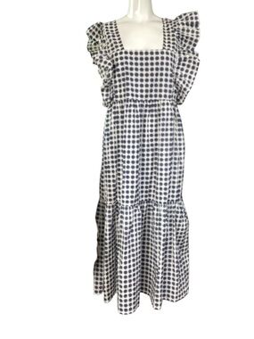 BiBi Cotton Blue and White Tiered Ruffle Midi Dress